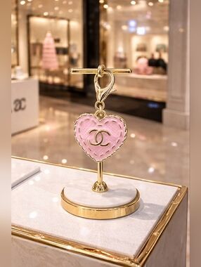 CHANEL Pink & Gold Quilted Heart Key/Bag Charm Stamped